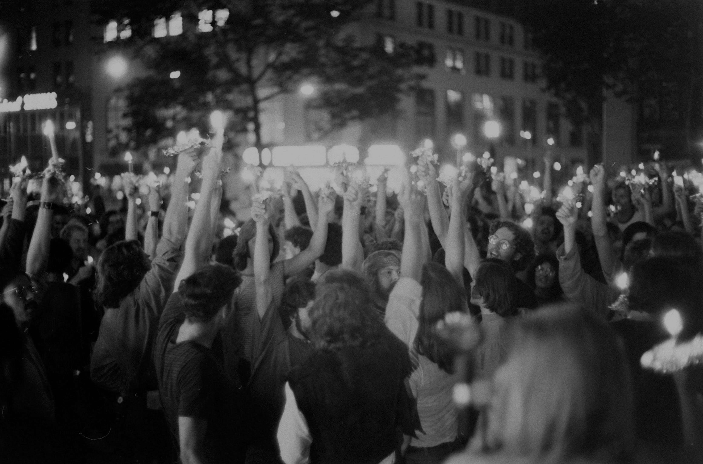 An image of people gathered at the Stonewall Riots.