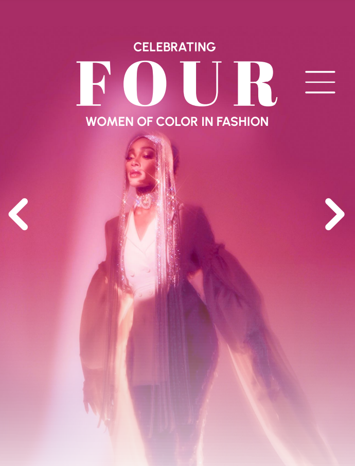 The mobile homepage for the prototype "Four," featuring Winnie Harlow.