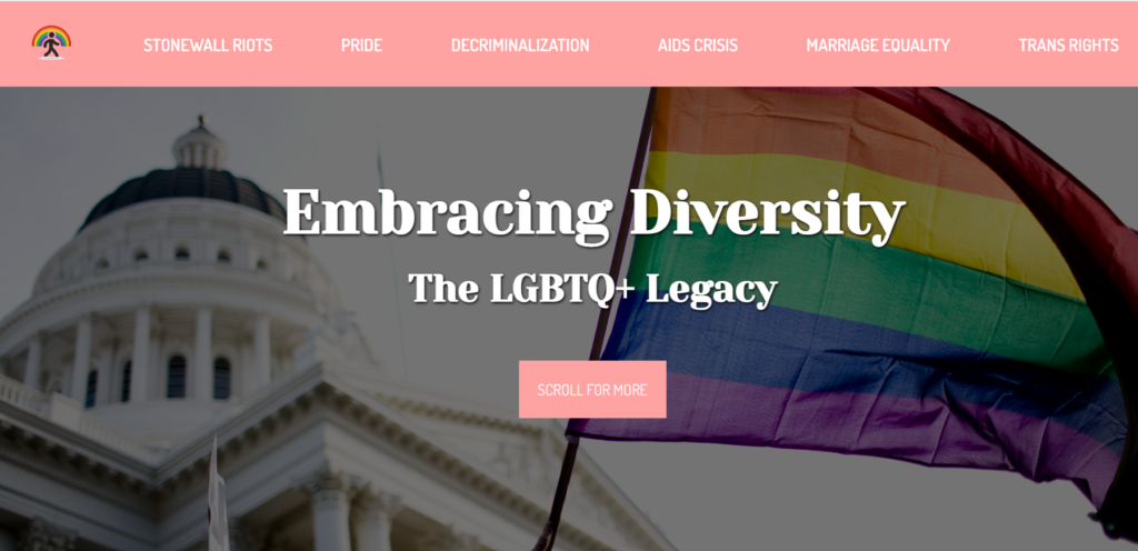 The homepage for the website "Embracing Diversity," featuring a pride flag in front of the White House as the background.
